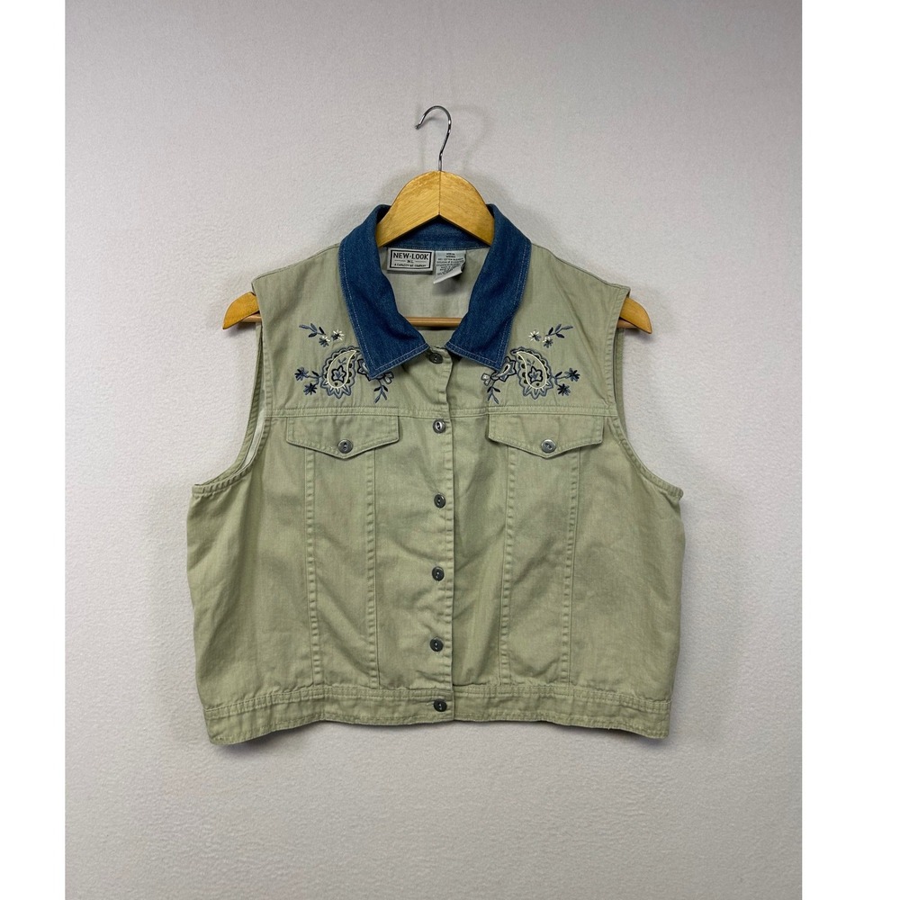 Boho Cottagecore New Look Womens Med‎ Sage Green Embroidered Denim Vest Paisley